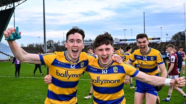 From left, Eoin Collins, Cathal McKeon and Ruairí Kilcline after Roscommon beat Galway in 2026 Connacht U-20 semi-final
