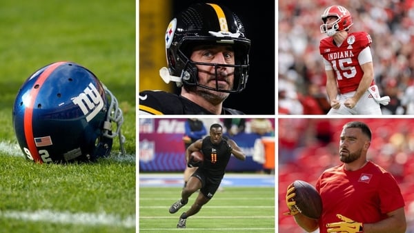 Clockwise from left: A New York Giants helmet, Aaron Rodgers of the Pittsburgh Steelers, in-demand Indiana quarterback Fernando Mendoza, Chiefs star Travis Kelce and Notre Dame running back Jeremiyah Love