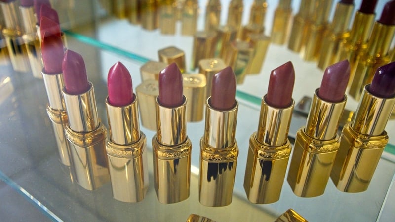Lipsticks on display in a cosmetics factory
