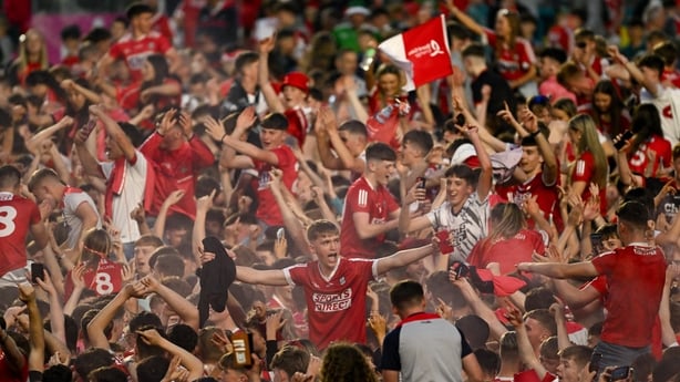 11 May 2024; Cork supporters celebrate on the pitch after the Munster GAA Hurling Senior Championship Round 3 match between Cork and Limerick at SuperValu Páirc Ui Chaoimh in Cork. Photo by Daire Brennan/Sportsfile