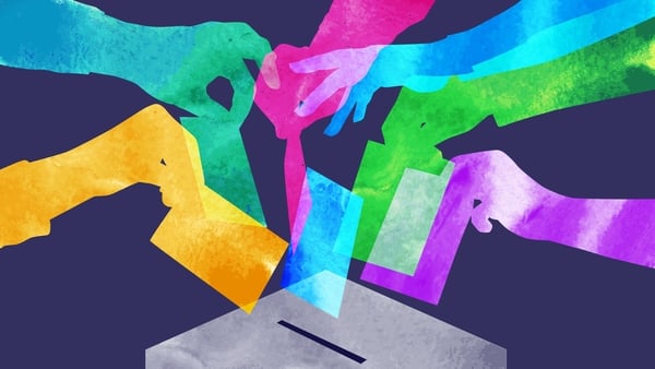 Colourful overlapping silhouettes of hands voting in watercolour texture
