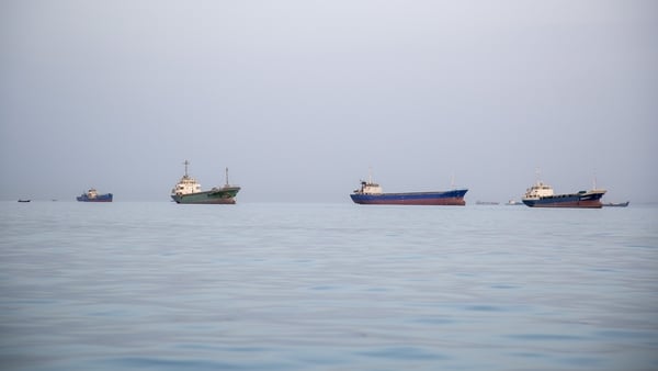 Ships anchored near the Iranian coast in the Strait of Hormuz