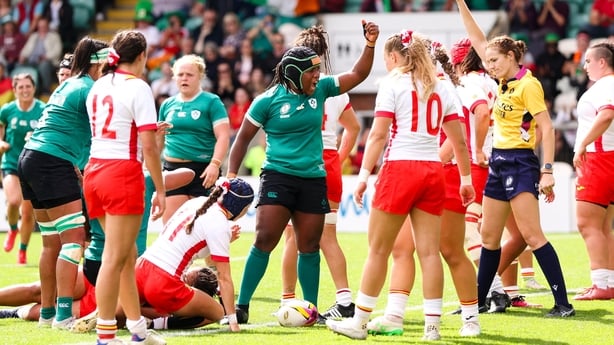 31 August 2025; Linda Djougang of Ireland celebrates after team-mate Grace Moore, hidden, scored her side's sixth try during the Women's Rugby World Cup 2025 Pool C match between Ireland and Spain at Franklin's Gardens in Northampton, England. Photo by Harry Murphy/Sportsfile