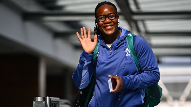 23 April 2026; Linda Djougang pictured at Dublin Airport ahead of the team's departure to Clermont for their 2026 Women's Six Nations Rugby Championship match against France. Photo by Shauna Clinton/Sportsfile