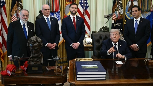 US Ambassador to Israel Mike Huckabee, Israel Ambassador to US Yechiel Leiter, US Vice President JD Vance, and US Secretary of State Marco Rubio listen as US President Donald Trump speaks during a meeting with Lebanon Ambassador to the US and Israel Ambassador to the US