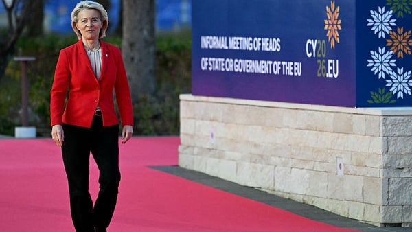 European Commission President Ursula von der Leyen walks upon her arrival ahead of an informal meeting of the European Council yesterday