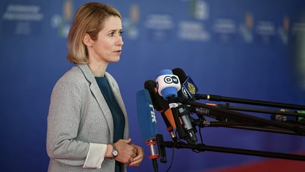 EU High Representative and Vice-President for Foreign Affairs and Security Policy Kaja Kallas speaks to journalists as she arrives for an informal meeting of the European Council in Nicosia