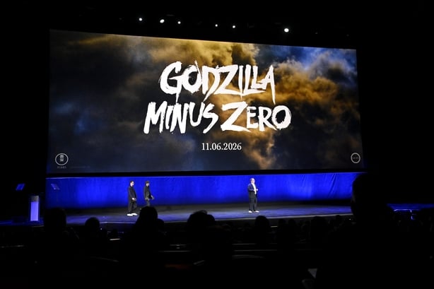 LAS VEGAS, NEVADA - APRIL 14: (L-R) Michael McNamara, Takashi Yamazaki, Director (Godzilla Minus Zero), and Dave Jesteadt, President, GKIDS speak onstage during CinemaCon 2026 - The State of the Industry and NEON Presentation at The Dolby Colosseum at Caesars Palace during CinemaCon, the official co