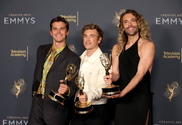 LOS ANGELES, CALIFORNIA - SEPTEMBER 07: (L-R) Antoni Porowski, Jeremiah Brent and Jonathan Van Ness, winners of the Outstanding Structured Reality Program Award for "Queer Eye", attend the 2025 Creative Arts Emmy Awards at Peacock Theater on September 07, 2025 in Los Angeles, California. (Photo by K