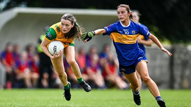 Katie Dowds of Donegal in action against Clara English of Tipperary during the TG4 All-Ireland Ladies Football Senior Championship Group 1 match between Tipperary and Donegal at Canon Hayes Park in Bansha, Tipperary. 