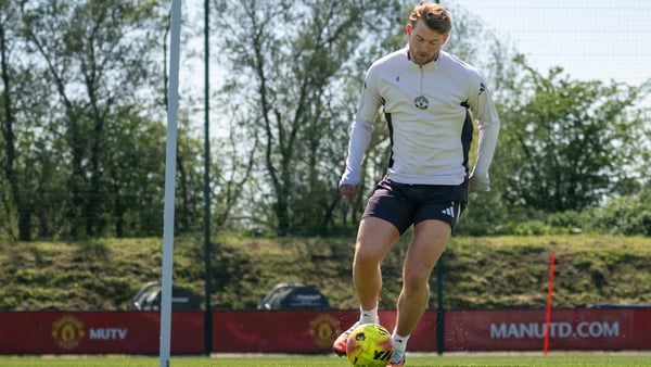 Matthijs de Ligt of Manchester United in action during a first team training session at Carrington Training Ground on April 23, 2026 in Manchester, England.