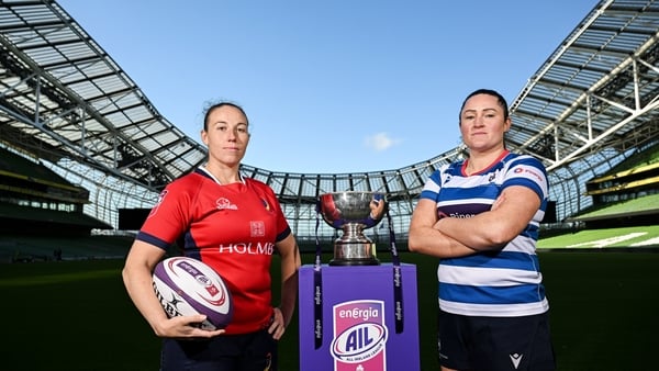 Chloe Pearse of UL Bohemians, left, and Hannah O’Connor of Blackrock College RFC during an Energia AIL Final media event at the Aviva Stadium in Dublin.