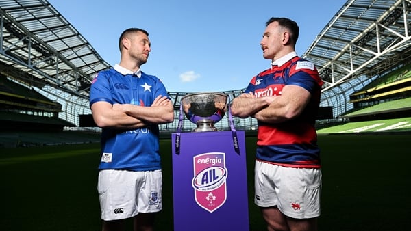 Conor Dean of St Mary's RFC, left, and Dylan Donnellan of Clontarf FC during an Energia AIL Final media event at the Aviva Stadium in Dublin. Photo by Ramsey Cardy/Sportsfile