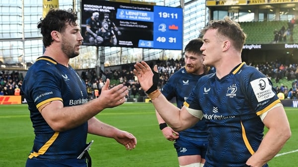 5 April 2026; Caelan Doris, left, and Josh van der Flier of Leinster after the Investec Champions Cup match between Leinster and Edinburgh at the Aviva Stadium in Dublin. Photo by Brendan Moran/Sportsfile
