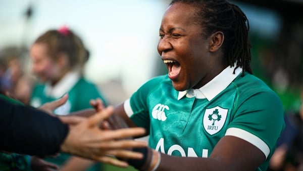 18 April 2026; Linda Djougang of Ireland with supporters after the Women's Six Nations Rugby Championship match between Ireland and Italy at Dexcom Stadium in Galway. Photo by Shauna Clinton/Sportsfile