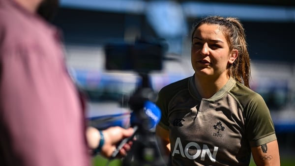 24 April 2026; Captain Erin King is interviewed by media following an Ireland Women's Rugby captain's run at Stade Marcel Michelin in Clermont, France. Photo by Shauna Clinton/Sportsfile