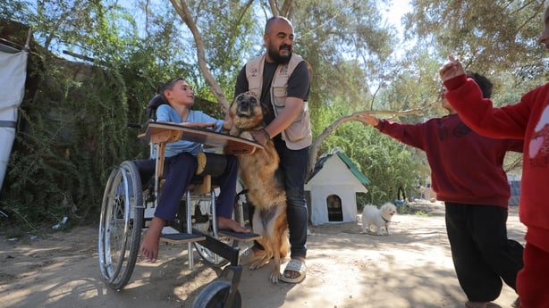 Palestinian children play with animals at the rehabilitation space in the Nuseirat Refugee Camp