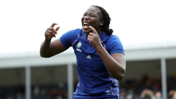 EXETER, ENGLAND - SEPTEMBER 14: Madoussou Fall Raclot of France celebrates victory after defeating Ireland during the Women's Rugby World Cup 2025 Quarter Final match between France and Ireland at Sandy Park on September 14, 2025 in Exeter, England. (Photo by Morgan Harlow - World Rugby/World Rugby