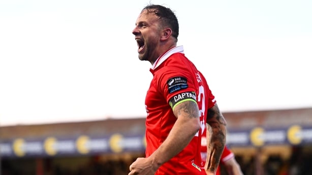Shelbourne defender Paddy Barrett celebrates after scoring his side's second goal against Drogheda United