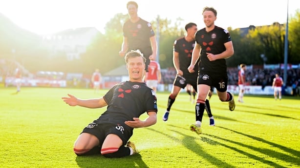 Markuss Strods of Bohemians celebrates his goal against St Pat's