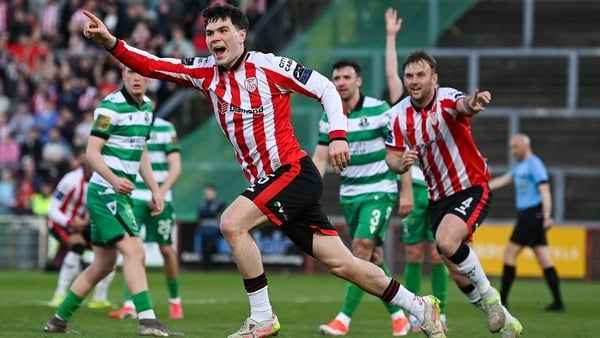 Derry City's James Clarke reacts after the opening goal of the game against Shamrock Rovers at Find Insurance Celtic Park