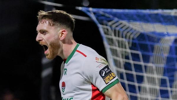 27 March 2026; Conor Drinan of Cork City, right, celebrates after scoring his side's second goal with teammate Hans Mpongo during the SSE Airtricity Men's First Division match between Cork City and Athlone Town at Turner's Cross in Cork. Photo by Michael