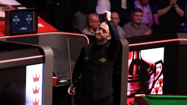 SHEFFIELD, ENGLAND - APRIL 25: Mark Allen of Northern Ireland celebrates after victory against Kyren Wilson of England following the second round match on day eight of the Halo World Snooker Championship at The Crucible Theatre on April 25, 2026 in Sheffield, England. (Photo by George Wood/Getty Ima
