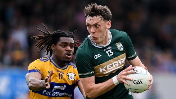 David Clifford of Kerry in action against Ikem Ugwueru of Clare during the Munster GAA Football Senior Championship semi-final match between Kerry and Clare at Zimmer Biomet Páirc Chíosóg in Ennis, Clare.