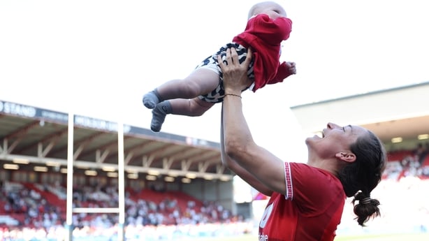 BRISTOL, ENGLAND - APRIL 25: Jasmine Joyce of Wales spends time with her daughter after the Women's Guinness Six Nations 2026 match between England and Wales at Ashton Gate on April 25, 2026 in Bristol, England. (Photo by Morgan Harlow - RFU/The RFU Collection via Getty Images)