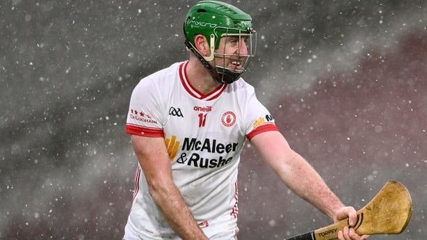 25 January 2025; Aidy Kelly of Tyrone during the Allianz Hurling League Division 2 match between Tyrone and Derry at O'Neills Healy Park in Omagh, Tyrone. Photo by Ramsey Cardy/Sportsfile