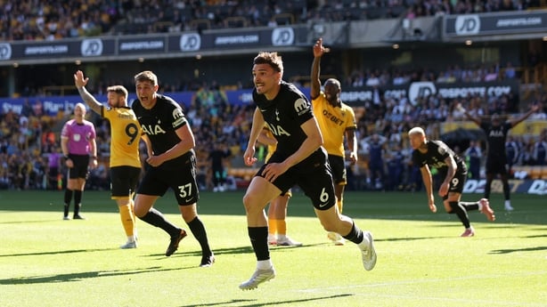 Joao Palhinha of Tottenham Hotspur celebrates scoring his team's first goal during the Premier League match between Wolverhampton Wanderers and Tottenham Hotspur at Molineux on April 25, 2026 in Wolverhampton, England. 