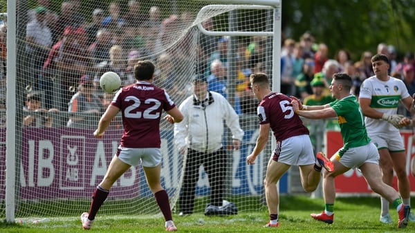 Dylan McHugh of Galway, 5, scores his side's goal during the Connacht GAA Football Senior Championship semi-final match between Leitrim and Galway at Heartland Credit Union Páirc Seán Mac Diarmada in Carrick-on-Shannon, Leitrim.