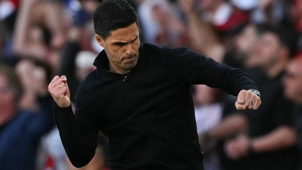 Arsenal's Spanish manager Mikel Arteta celebrates at the final whistle during the English Premier League football match between Arsenal and Newcastle United at the Emirates Stadium in London on April 25, 2026. Arsenal won the match 1-0. (Photo by Glyn KIR