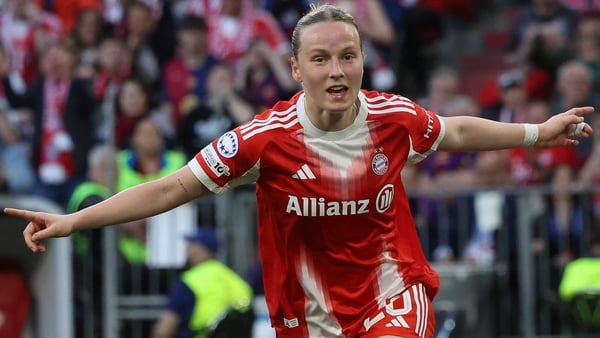 Bayern Munich's German forward #20 Franziska Kett celebrates scoring the 1-1 goal during the UEFA Women's Champions League semi-final first leg football match between FC Bayern Munich and FC Barcelona in Munich, southern Germany on April 25, 2026.