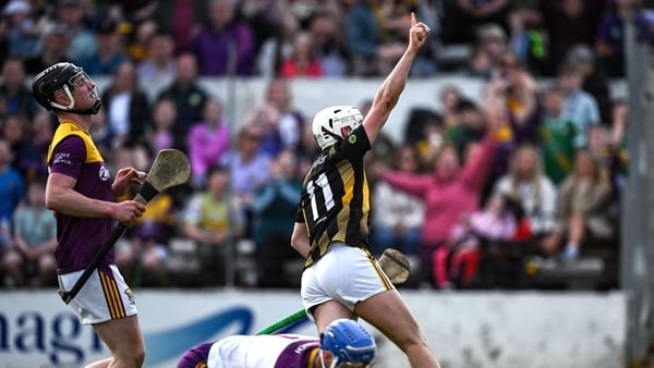 25 April 2026; Cian Kenny of Kilkenny celebrates scoring the 3rd Kilkenny goal, in the 49th minute, during the Leinster GAA Senior Hurling Championship Round 2 match between Kilkenny and Wexford at UPMC Nowlan Park in Kilkenny. Photo by Ray McManus/Sports