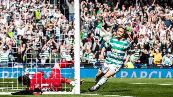 GLASGOW, SCOTLAND - APRIL 19: Celtic's Daizen Maeda celebrates after scoring to make it 1-0 after a mistake from St Mirren Goalkeeper Ryan Mullen during a Scottish Gas Scottish Cup semi-final match between Celtic and St Mirren at Barclays Hampden, on Apri