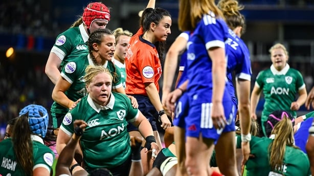 25 April 2026; Cliodhna Moloney MacDonald of Ireland, centre, is congratulated by team-mates after scoring her side's first try during the Women's Six Nations Rugby Championship match between France and Ireland at Stade Marcel Michelin in Clermont, France. Photo by Shauna Clinton/Sportsfile