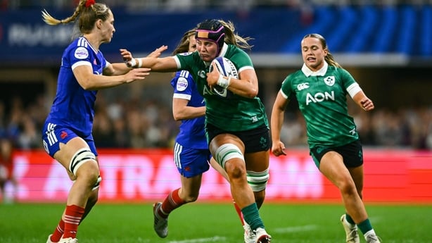 25 April 2026; Fiona Tuite of Ireland in action against Léa Champon of France during the Women's Six Nations Rugby Championship match between France and Ireland at Stade Marcel Michelin in Clermont, France. Photo by Shauna Clinton/Sportsfile