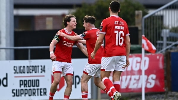 Will Fitzgerald celebrates with Sligo Rovers team-mate James McManus, right after opening the scoring for Sligo Rovers