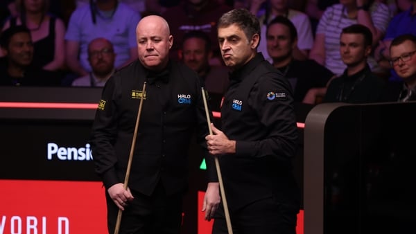 SHEFFIELD, ENGLAND - APRIL 25: John Higgins of Scotland and Ronnie O'Sullivan of England look on during the second round match on day eight of the Halo World Snooker Championship at The Crucible Theatre on April 25, 2026 in Sheffield, England. (Photo by G