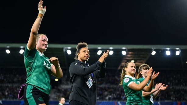 25 April 2026; Ireland players, from left, Fiona Tuite, Grace Moore, Robyn O'Connor and Niamh Gallagher acknowledge supporters after the Women's Six Nations Rugby Championship match between France and Ireland at Stade Marcel Michelin in Clermont, France. Photo by Shauna Clinton/Sportsfile