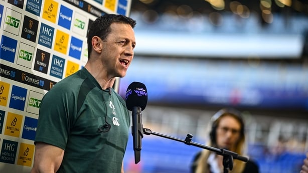 25 April 2026; Ireland head coach Scott Bemand is interviewed before the Women's Six Nations Rugby Championship match between France and Ireland at Stade Marcel Michelin in Clermont, France. Photo by Shauna Clinton/Sportsfile