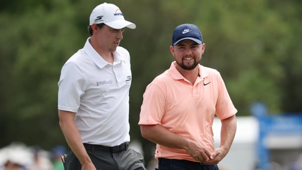 AVONDALE, LOUISIANA - APRIL 25: Matt Fitzpatrick (L) of England and partner Alex Fitzpatrick of England react as they leave the ninth green during the third round of the Zurich Classic of New Orleans 2026 at TPC Louisiana on April 25, 2026 in Avondale, Lo