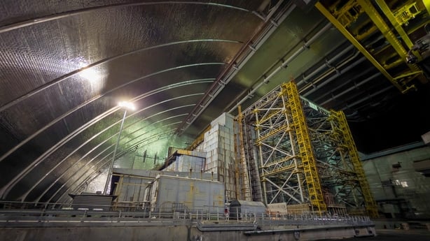 The New Safe Confinement, installed in 2016, protects the remains of Reactor 4, destroyed during the 1986 Chornobyl disaster, at the Chornobyl Nuclear Power Plant in the Kyiv region, Ukraine, on April 14, 2026. April 26, 2026, marks the 40th anniversary of the explosion of the plant's fourth reactor