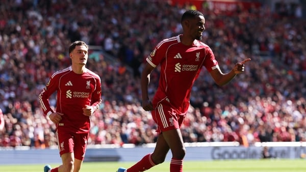 Alexander Isak of Liverpool celebrates scoring his team's first goal during the Premier League match between Liverpool and Crystal Palace at Anfield on April 25, 2026 in Liverpool, England.