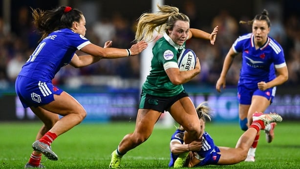 25 April 2026; Aoife Dalton of Ireland in action against Léa Murie, left, and Aubane Rousset of France during the Women's Six Nations Rugby Championship match between France and Ireland at Stade Marcel Michelin in Clermont, France. Photo by Shauna Clinton/Sportsfile
