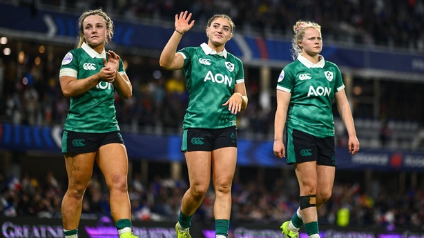 25 April 2026; Ireland players, from left, Aoife Dalton, Katie Whelan and Dannah O'Brien acknowledge supporters after the Women's Six Nations Rugby Championship match between France and Ireland at Stade Marcel Michelin in Clermont, France. Photo by Shauna Clinton/Sportsfile