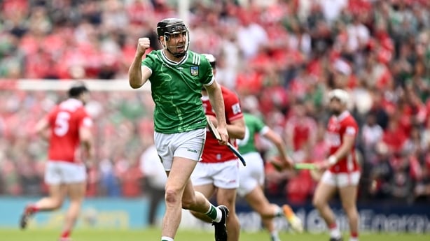 26 April 2026; Diarmaid Byrnes of Limerick celebrates scoring the first point of the match during the Munster GAA Senior Hurling Championship Round 2 match between Cork and Limerick at SuperValu Páirc Uí Chaoimh in Cork. Photo by Seb Daly/Sportsfile