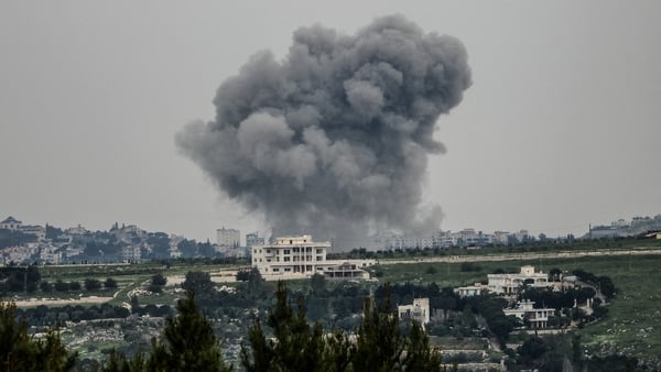 Smoke rises from targeted areas in the town of Choukîne, in Lebanon's Nabatieh province following an airstrike