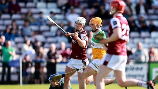 26 April 2026; Rory Burke of Galway, back, celebrates after scoring his side's second goal during the Leinster GAA Senior Hurling Championship Round 2 match between Galway and Offaly at Pearse Stadium in Galway. Photo by Thomas Flinkow/Sportsfile